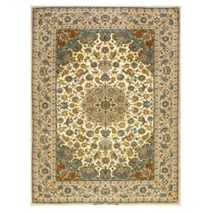 1940s Classic Ivory Field Floral Medallion Vintage Isfahan Silk Room Size Rug