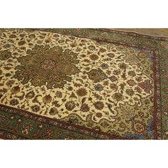 1940s Classic Ivory Floral Motis Medallion Vintage Tabriz Silk Handknotted Rug