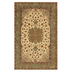 1940s Classic Ivory Floral Motis Medallion Vintage Tabriz Silk Handknotted Rug