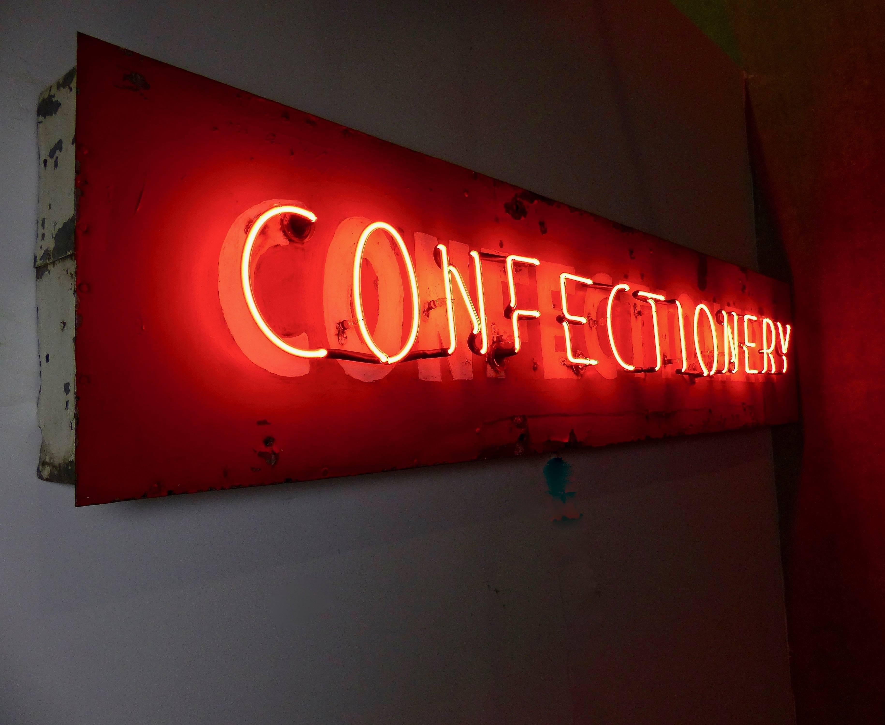American 1940s Classic Neon “Confectionery” Sign in Red-Painted Metal