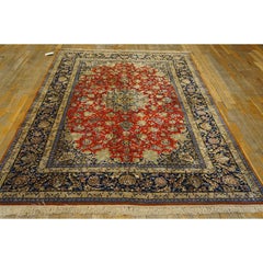 1940s Classic Red Rust Field Floral Medallion Vintage Isfahan Silk Carpet Rug
