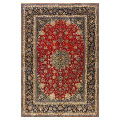 1940s Classic Red Rust Field Floral Medallion Vintage Isfahan Silk Carpet Rug
