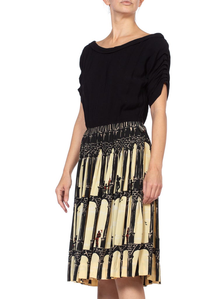 1940-s-black-and-white-rayon-roman-novelty-print-fit-flare-dress-for