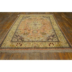 1940s Classic Salmon Animals Medallion Vintage Tabriz Silk Knotted Room Size Rug