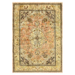 1940s Classic Salmon Animals Medallion Vintage Tabriz Silk Knotted Room Size Rug
