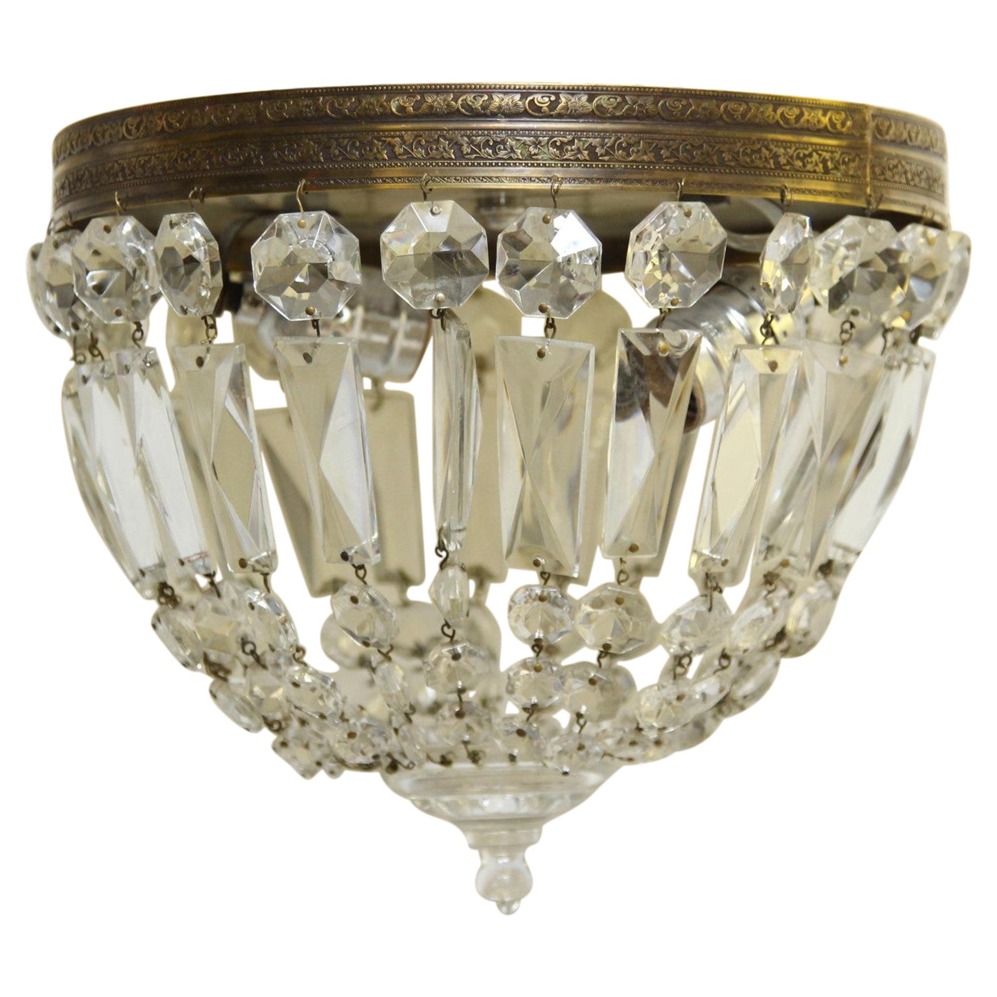 1940s Clear Crystal Basket Bronze Flush Mount Ceiling Lights