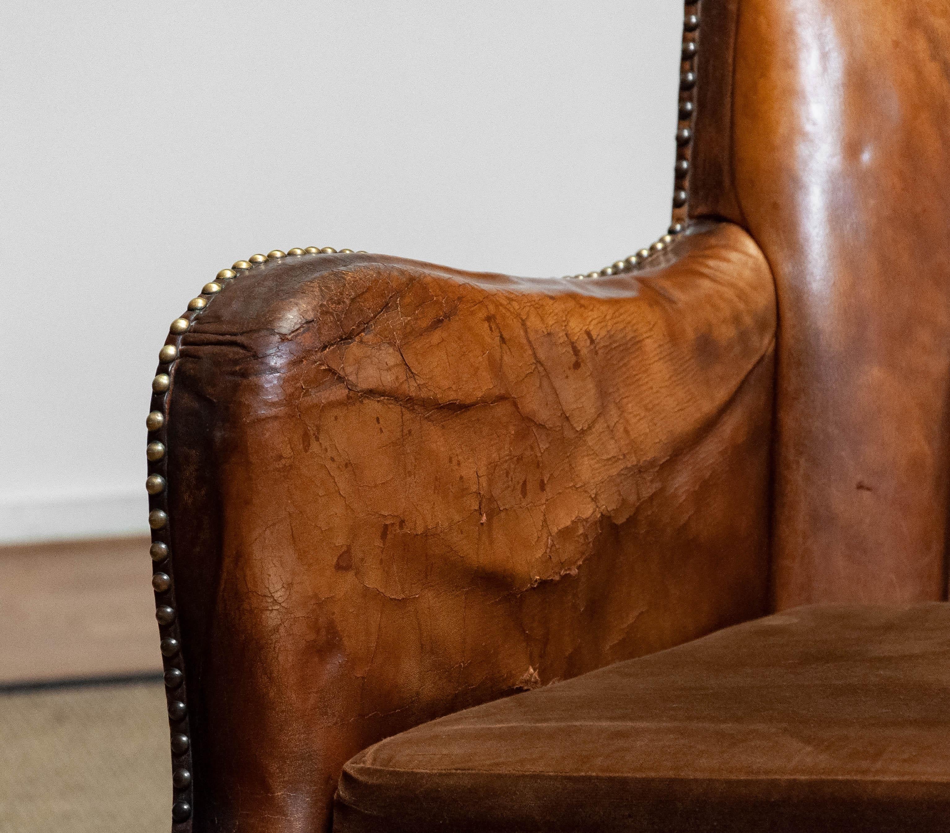 1940s Club Chair in Tan Brown Patinated Leather in the Style of Fritz Hansen For Sale 5