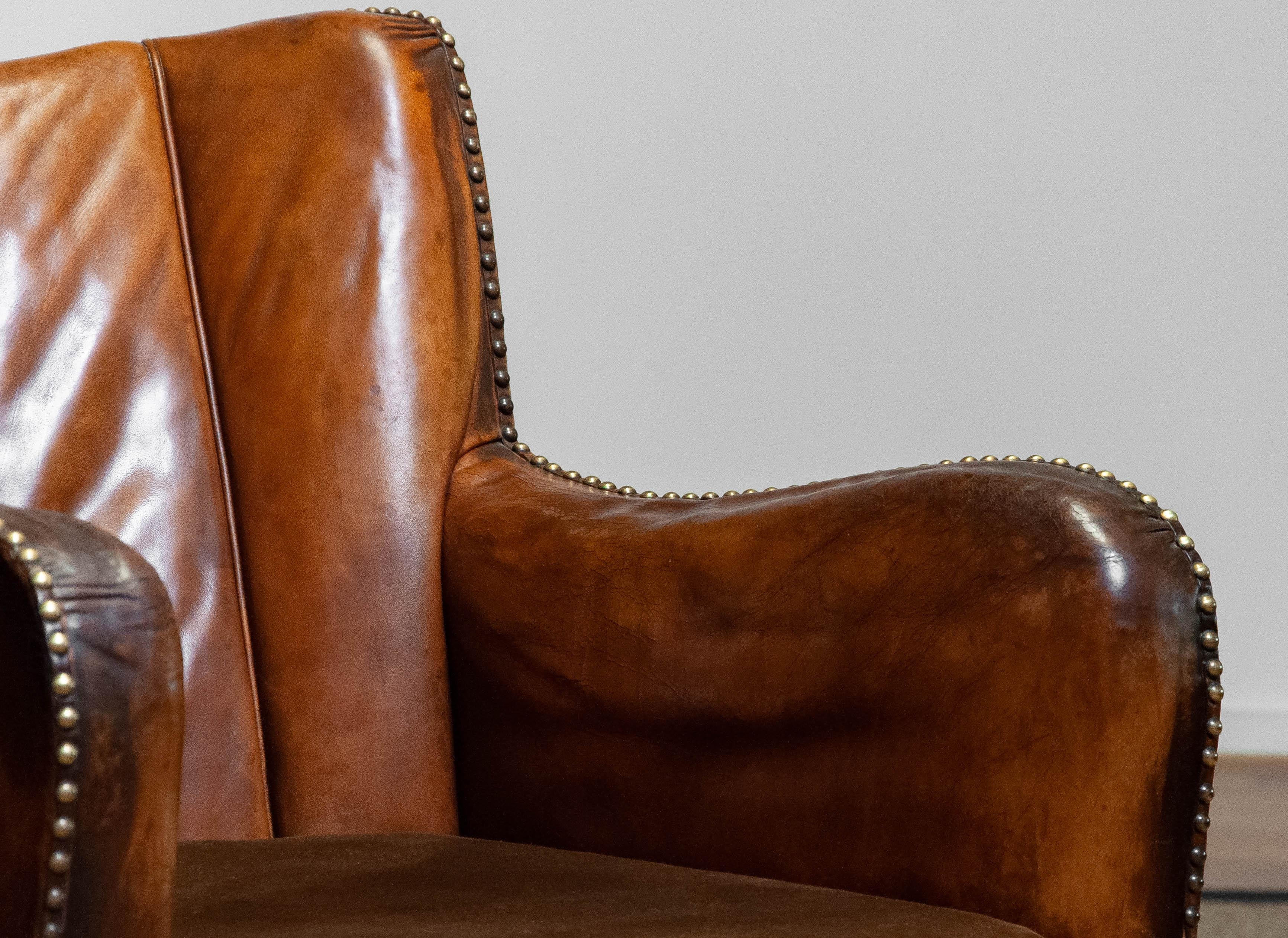 1940s Club Chair in Tan Brown Patinated Leather in the Style of Fritz Hansen For Sale 8
