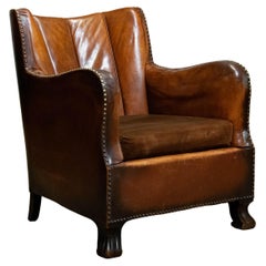 The 1940s Club Chair in Tan Brown Patinated Leather in the Style of Fritz Hansen
