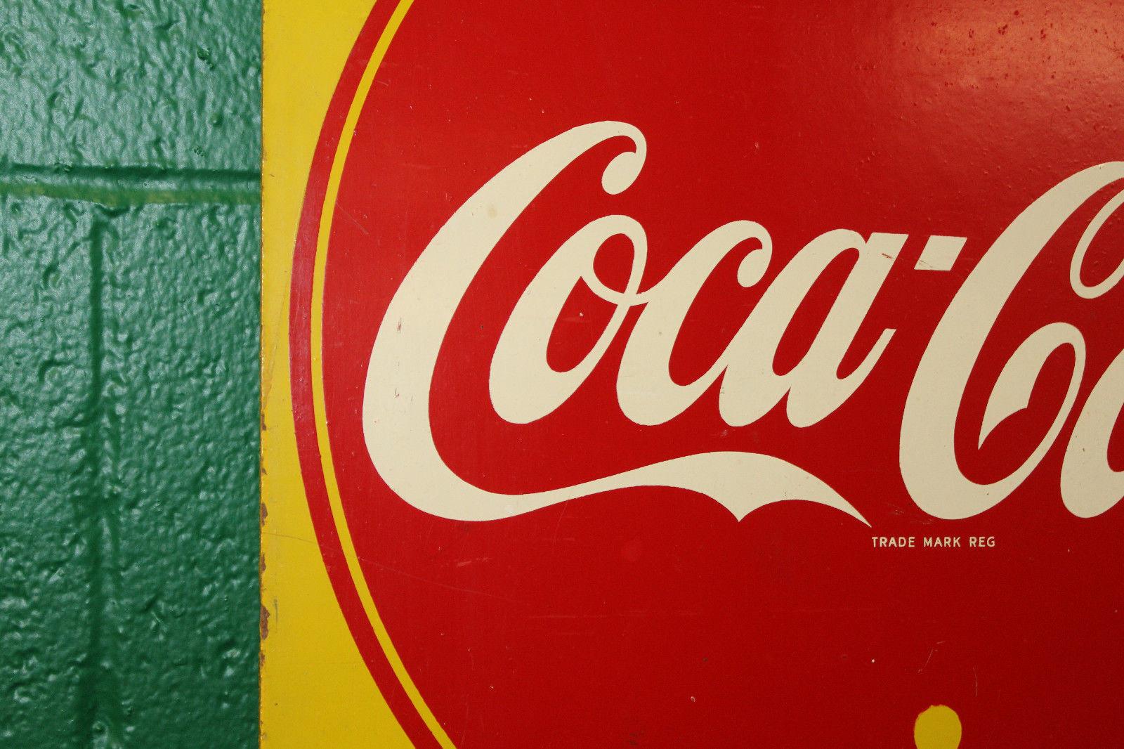 1940s Coca Cola Masonite Vertical Advertising Sign In Fair Condition For Sale In Orange, CA