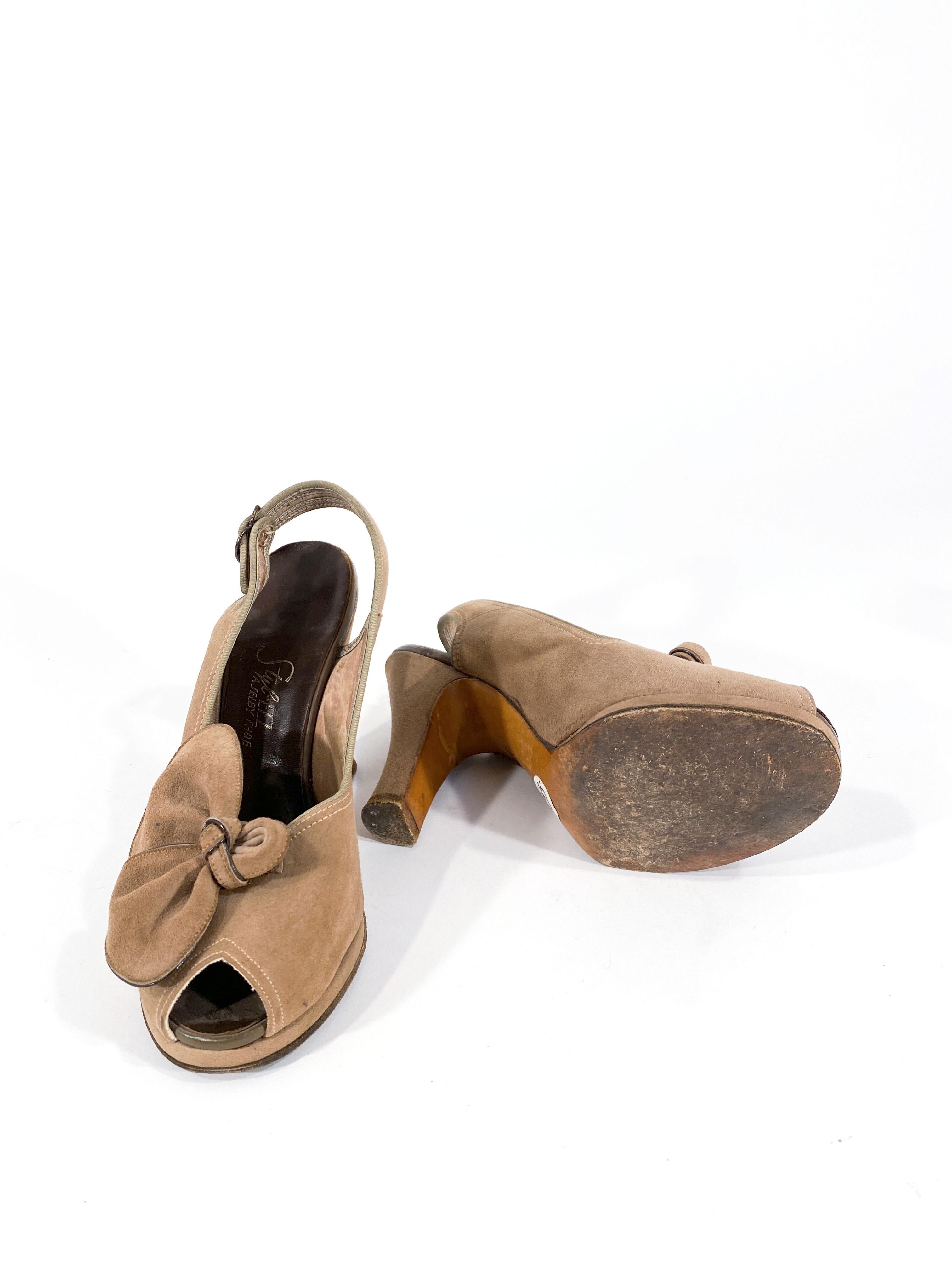 1940s Cocoa Brown Suede Platform Heels For Sale 1