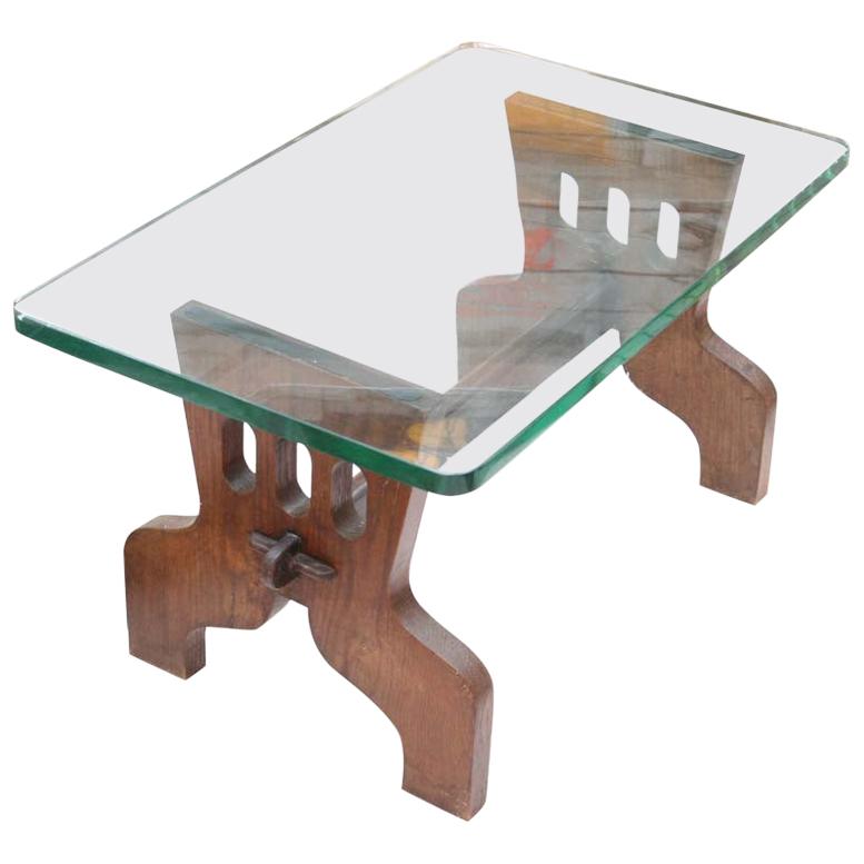 table basse des années 1940 Structure en chêne Dessus en verre Italien:: Gio Ponti pour Fontana Arte
