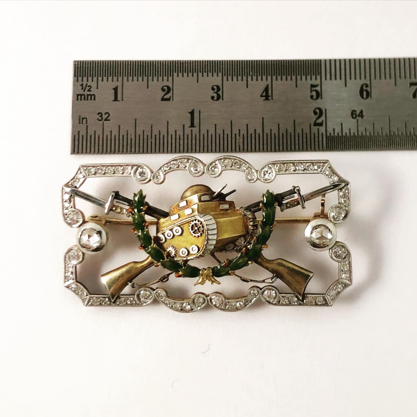 1940s Collection Military Tank Enamel Diamonds Platinum 18k Yellow Gold Brooch For Sale 4