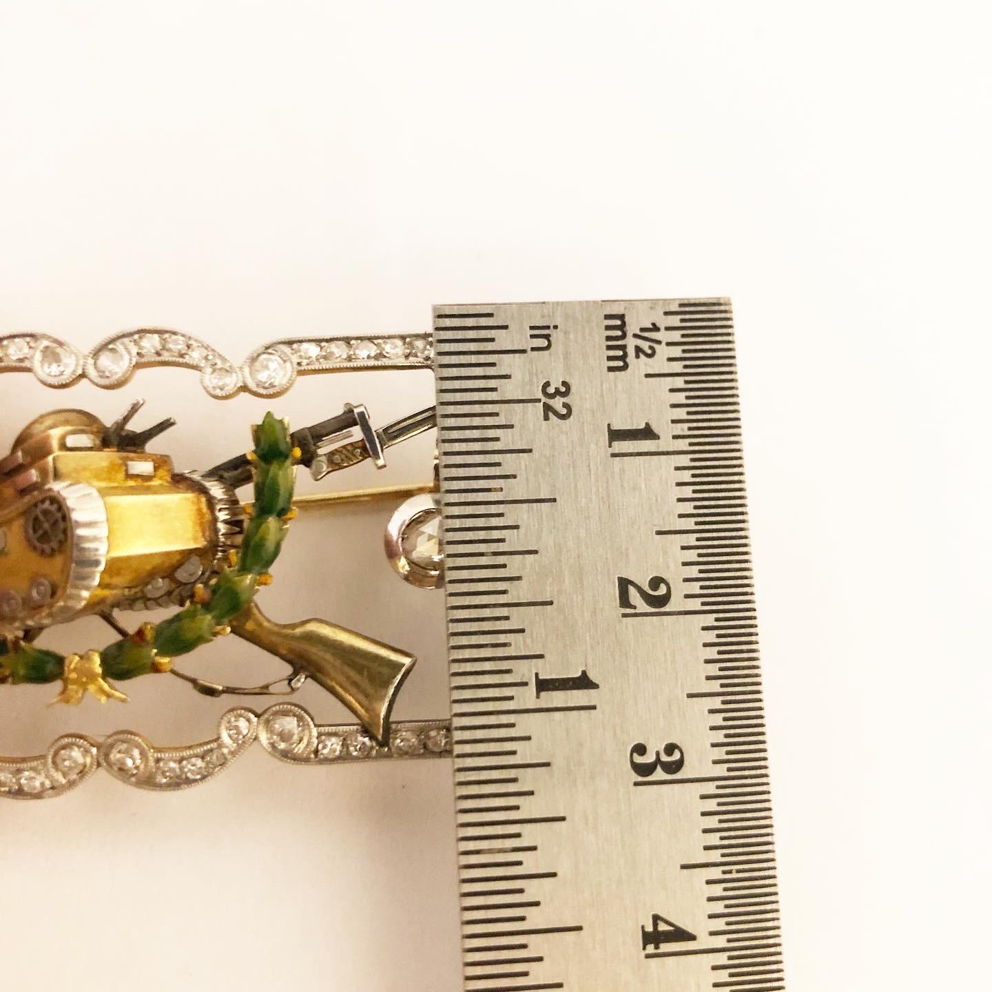 1940s Collection Military Tank Enamel Diamonds Platinum 18k Yellow Gold Brooch For Sale 5