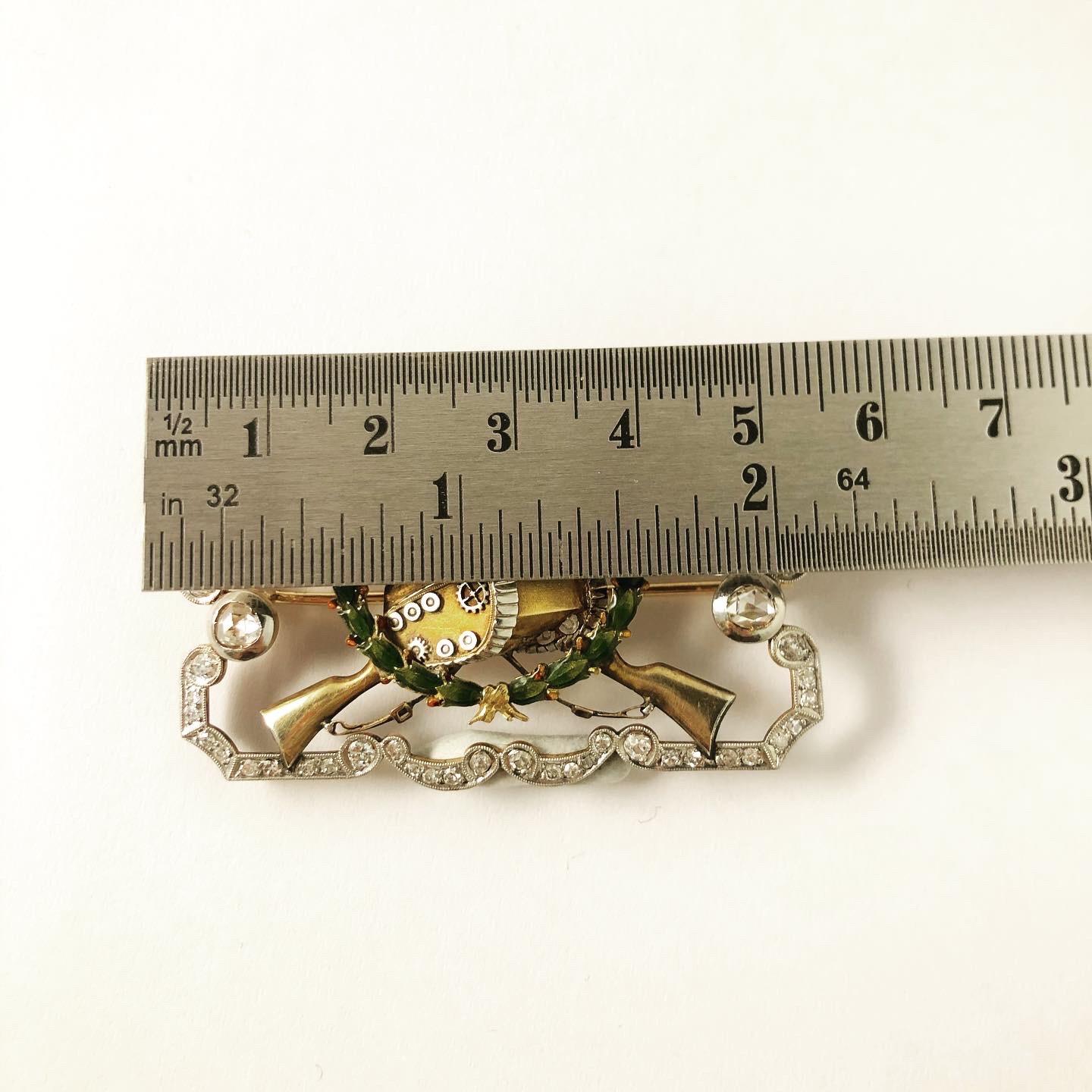 1940s Collection Military Tank Enamel Diamonds Platinum 18k Yellow Gold Brooch For Sale 6