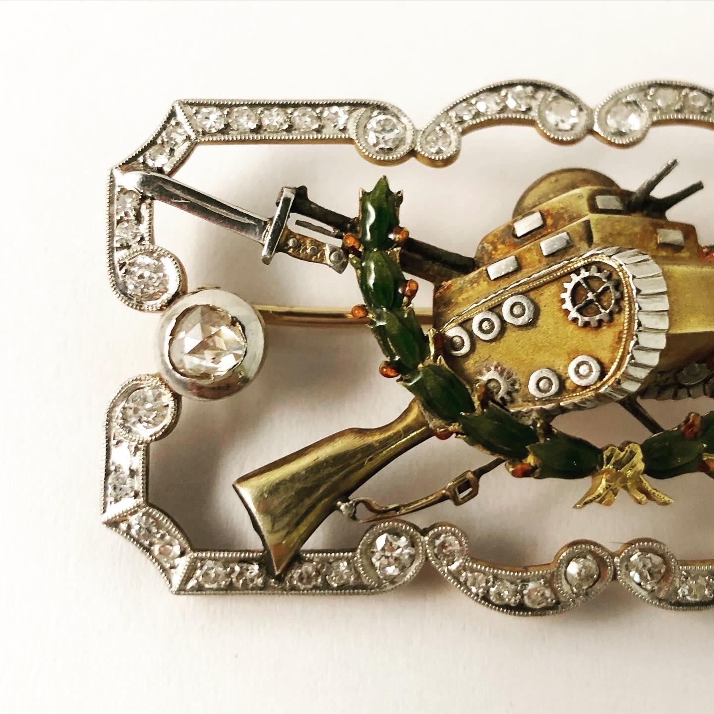 1940s Collection Military Tank Enamel Diamonds Platinum 18k Yellow Gold Brooch For Sale 1