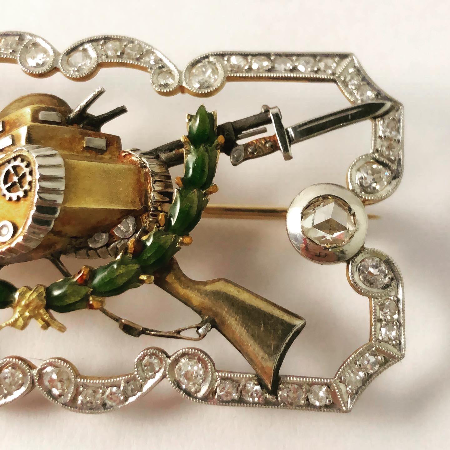 1940s Collection Military Tank Enamel Diamonds Platinum 18k Yellow Gold Brooch For Sale 2