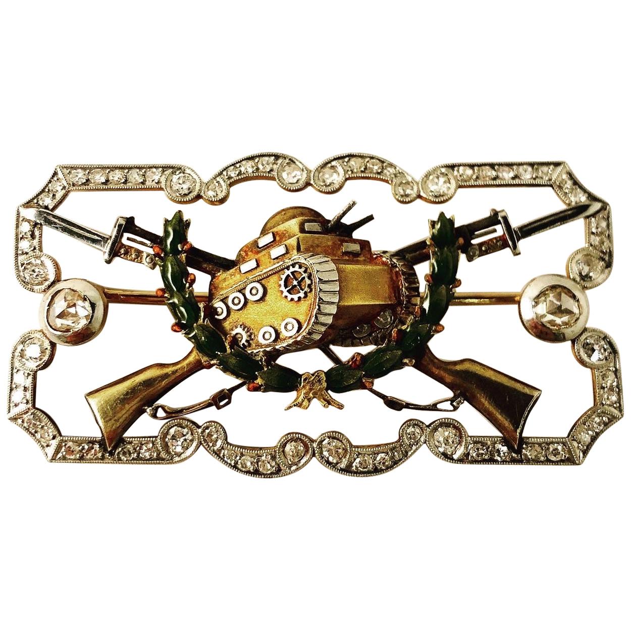 1940s Collection Military Tank Enamel Diamonds Platinum 18k Yellow Gold Brooch For Sale