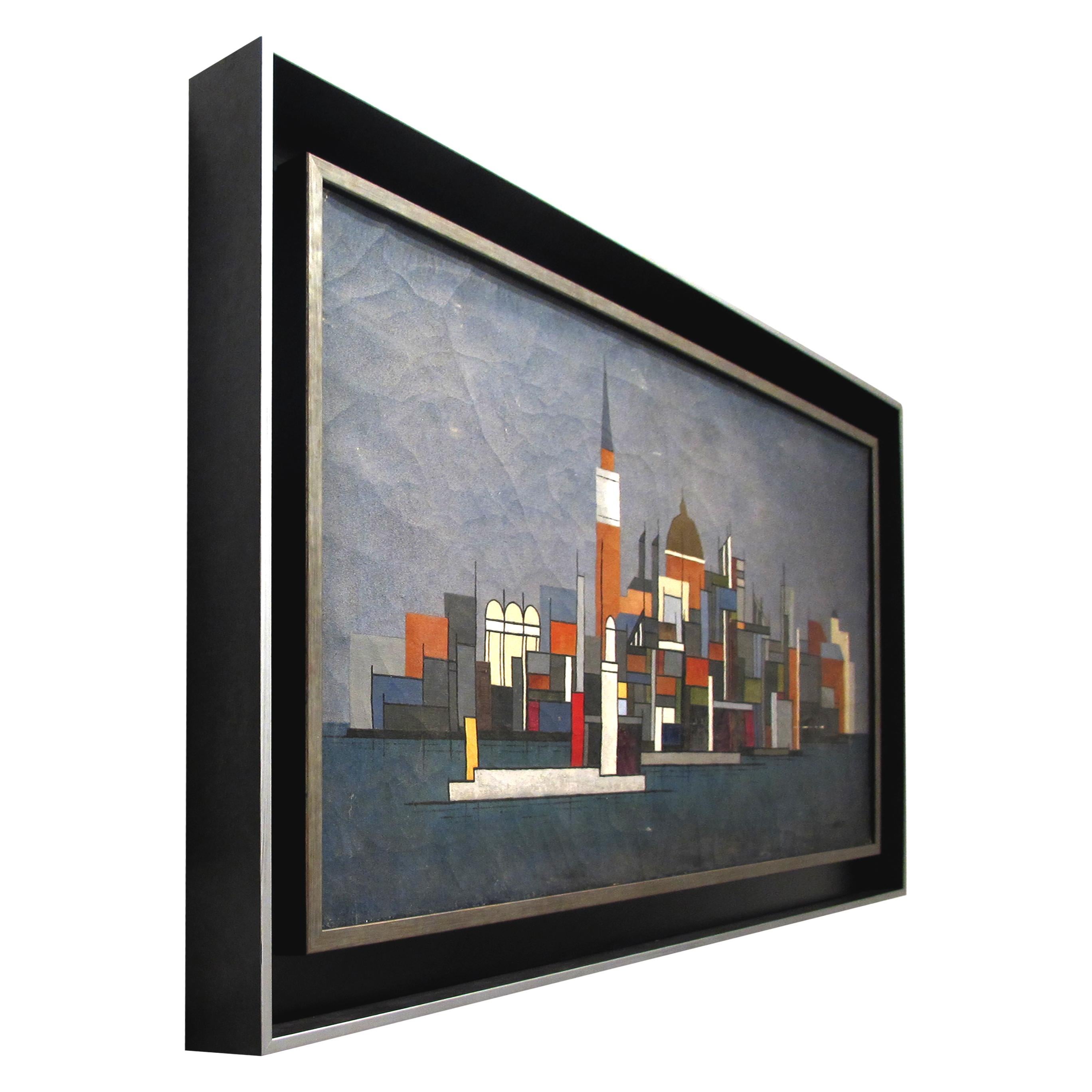Elégante peinture à l'huile sur toile des années 1940 représentant une vue de paysage urbain depuis la mer de manière industrielle. Les lignes géométriques et les couleurs utilisées par l'artiste donnent une image chaleureuse et agréable. Le tableau