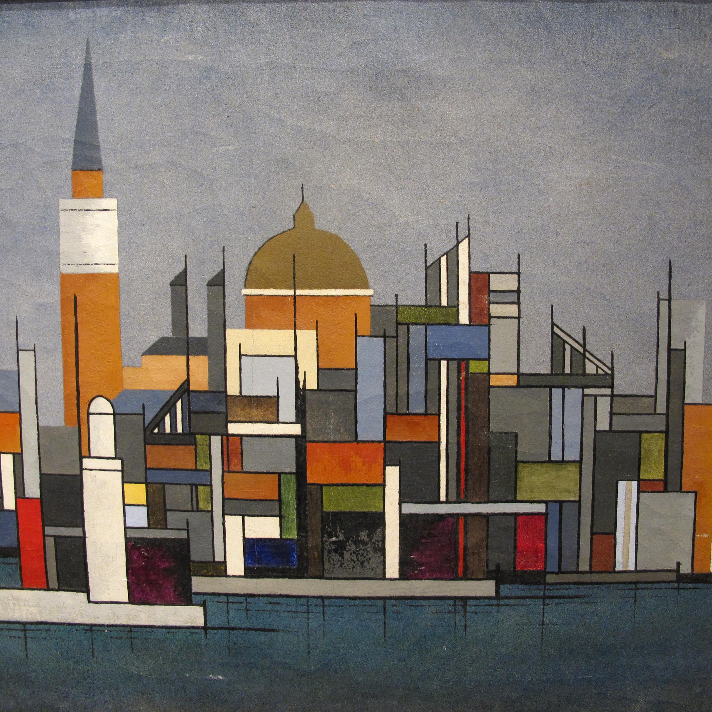 Art déco Huile sur toile colorée des années 1940 représentant un paysage urbain par Hansen, suédois en vente