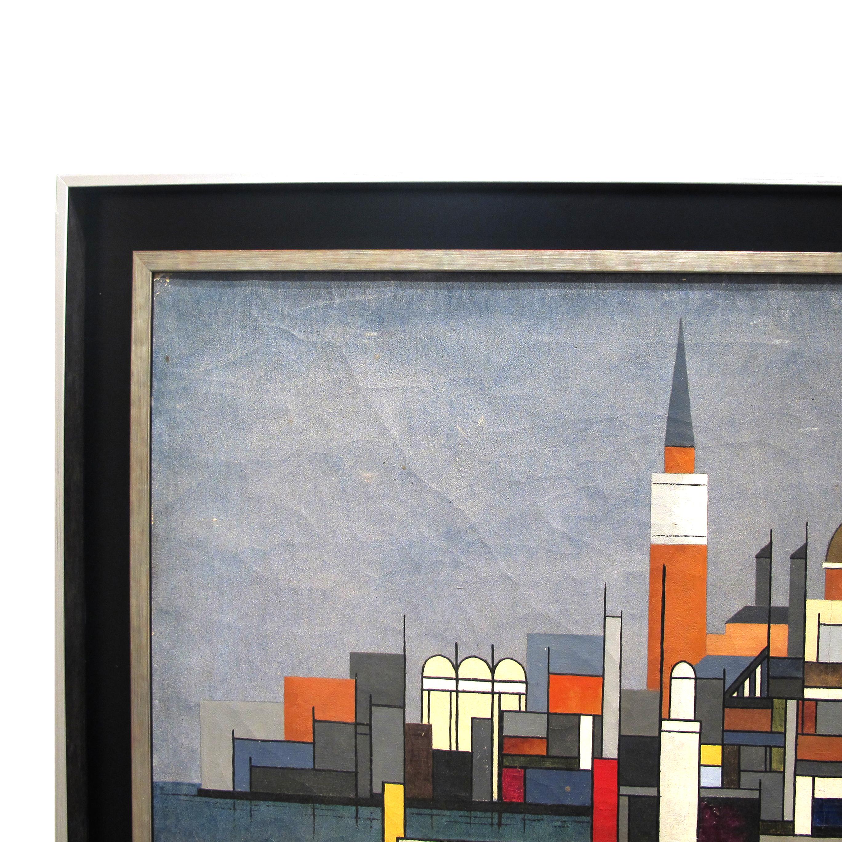 Suédois Huile sur toile colorée des années 1940 représentant un paysage urbain par Hansen, suédois en vente