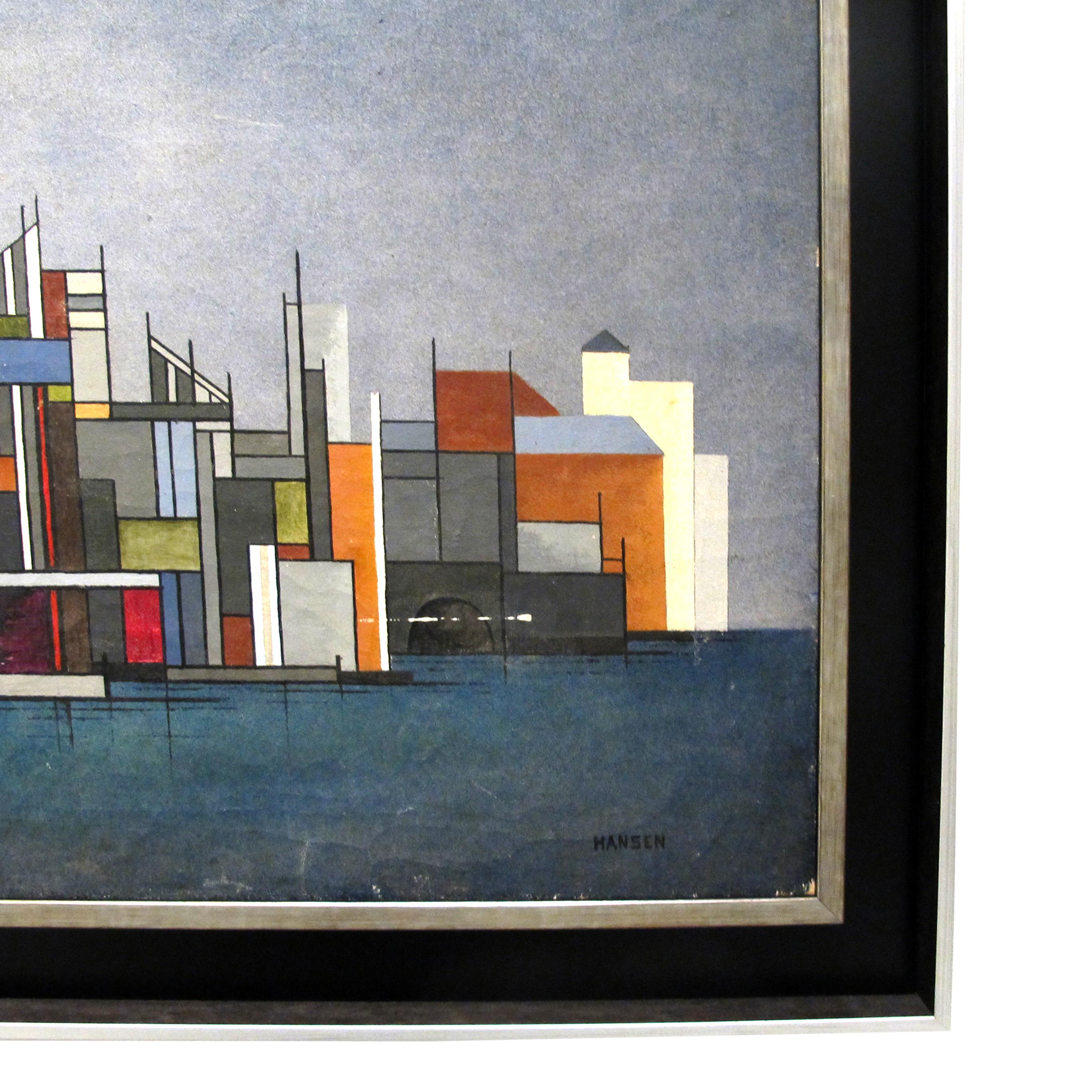 Huile sur toile colorée des années 1940 représentant un paysage urbain par Hansen, suédois Bon état - En vente à London, GB