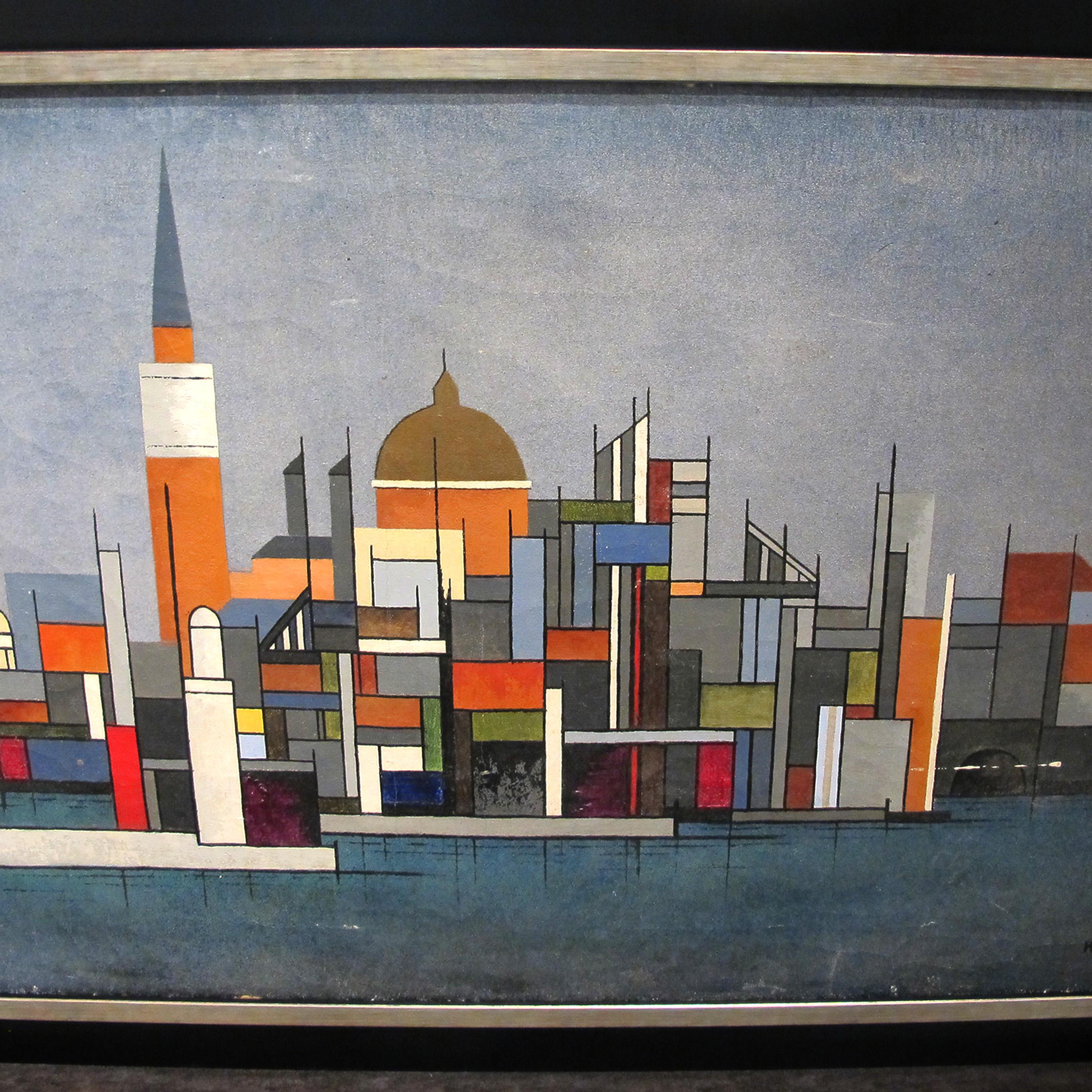Milieu du XXe siècle Huile sur toile colorée des années 1940 représentant un paysage urbain par Hansen, suédois en vente