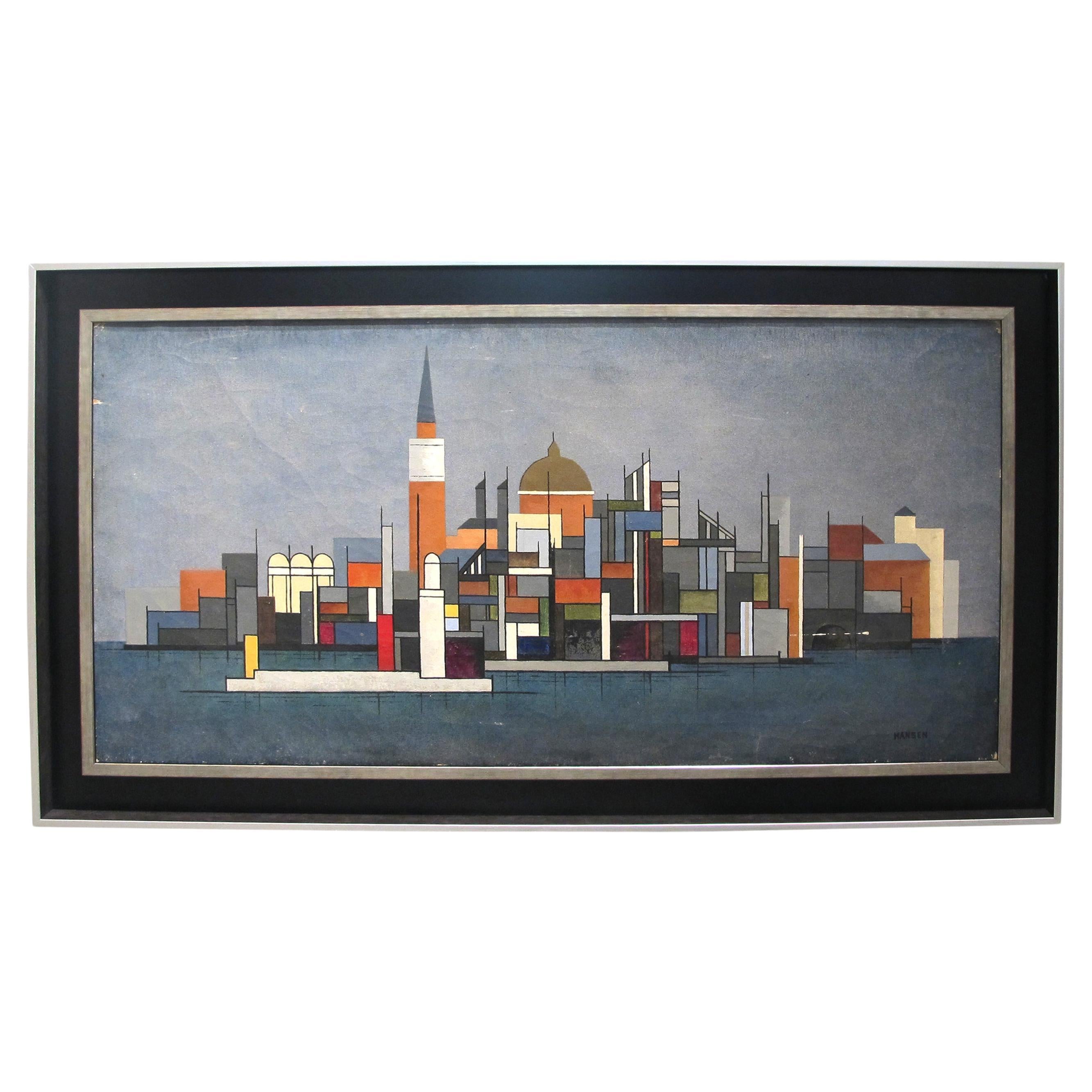 Huile sur toile colorée des années 1940 représentant un paysage urbain par Hansen, suédois