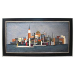 Huile sur toile colorée des années 1940 représentant un paysage urbain par Hansen, suédois