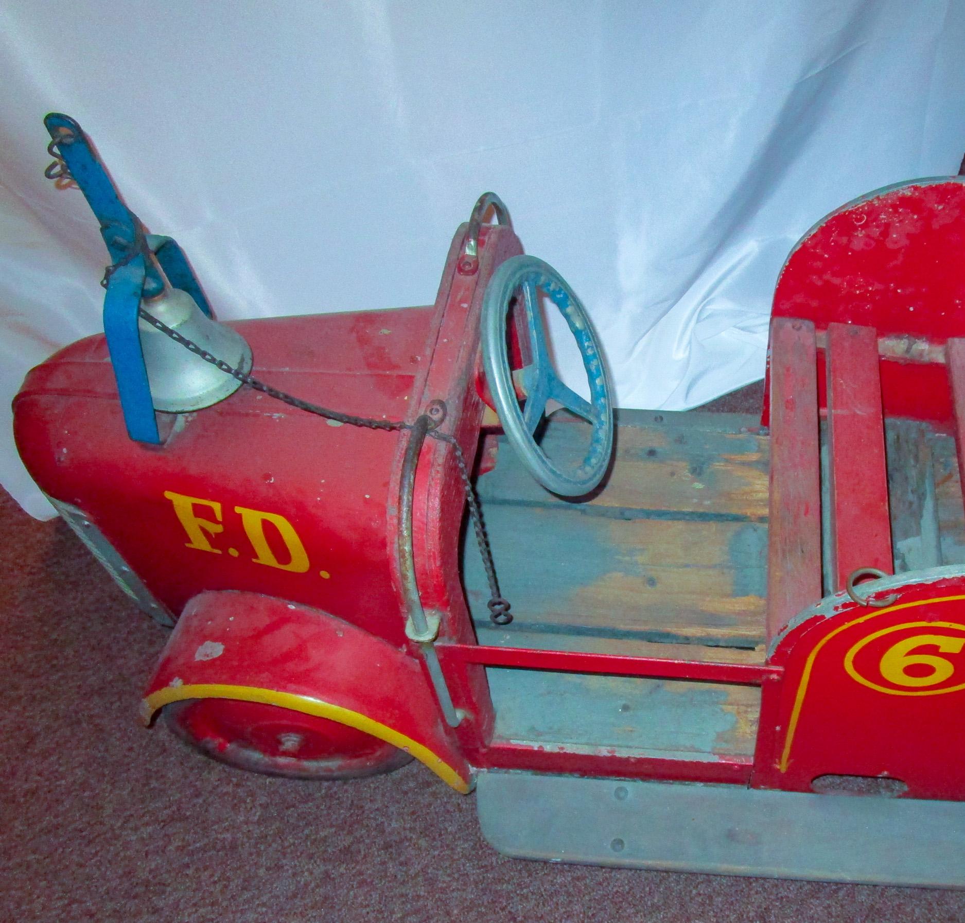Industrial 1940s Coney Island Amusement Park Kiddie Car Fire Engine in Original Condition