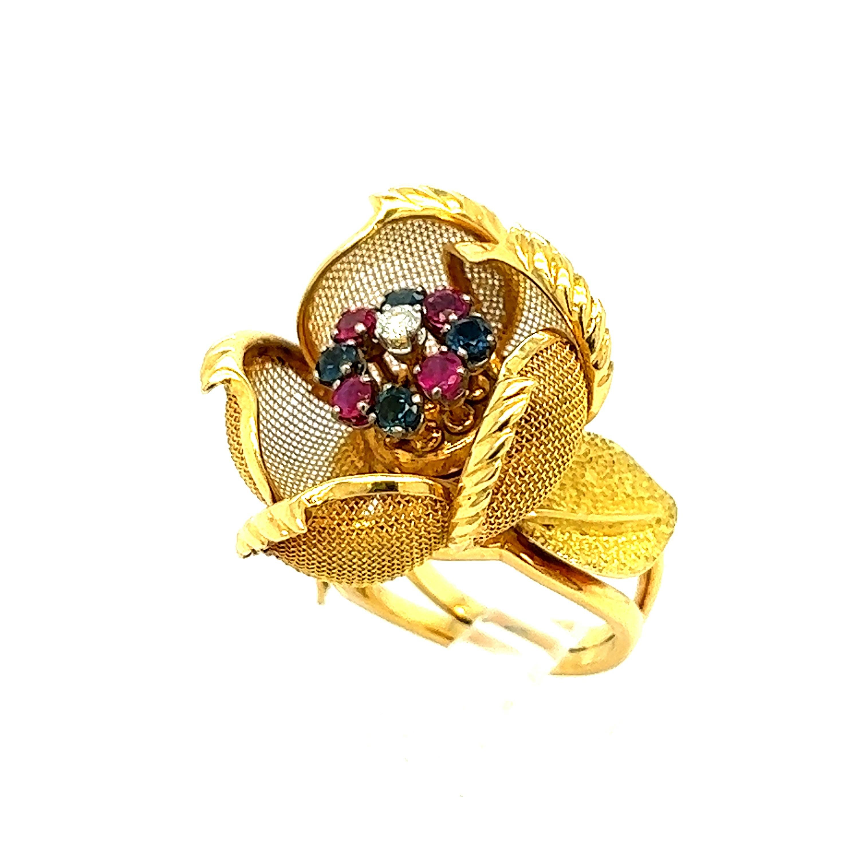 Round Cut Continental Ruby Sapphire Diamond Gold Rose Flower Ring 1940s  For Sale