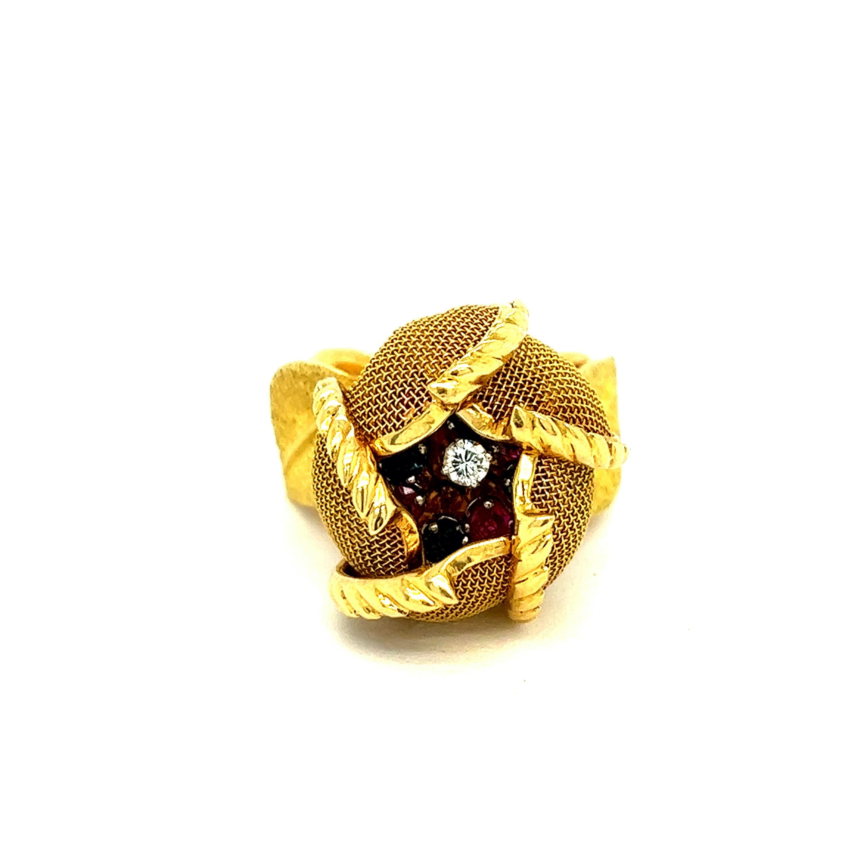 Continental Ruby Sapphire Diamond Gold Rose Flower Ring 1940s  In Excellent Condition For Sale In New York, NY