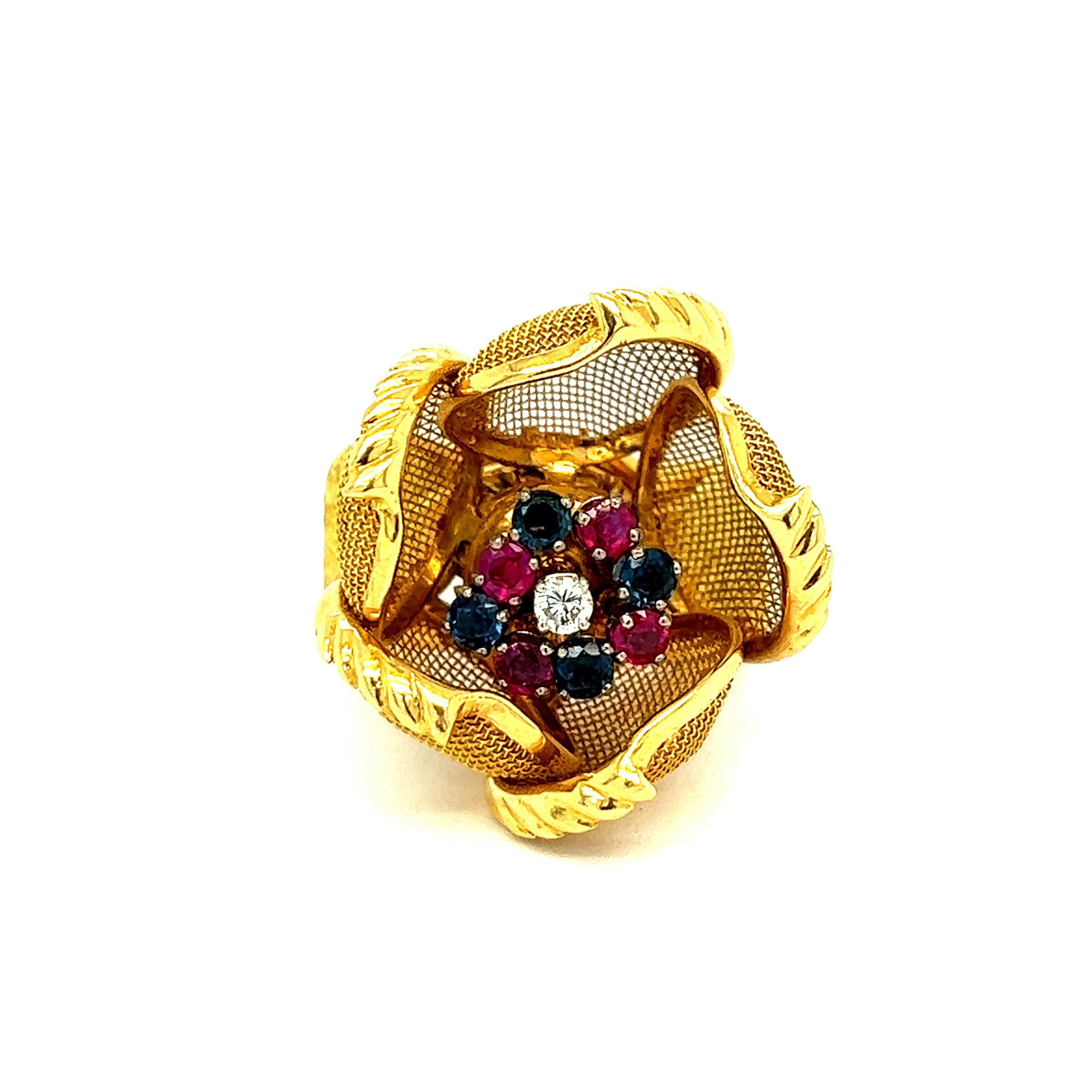Women's Continental Ruby Sapphire Diamond Gold Rose Flower Ring 1940s  For Sale