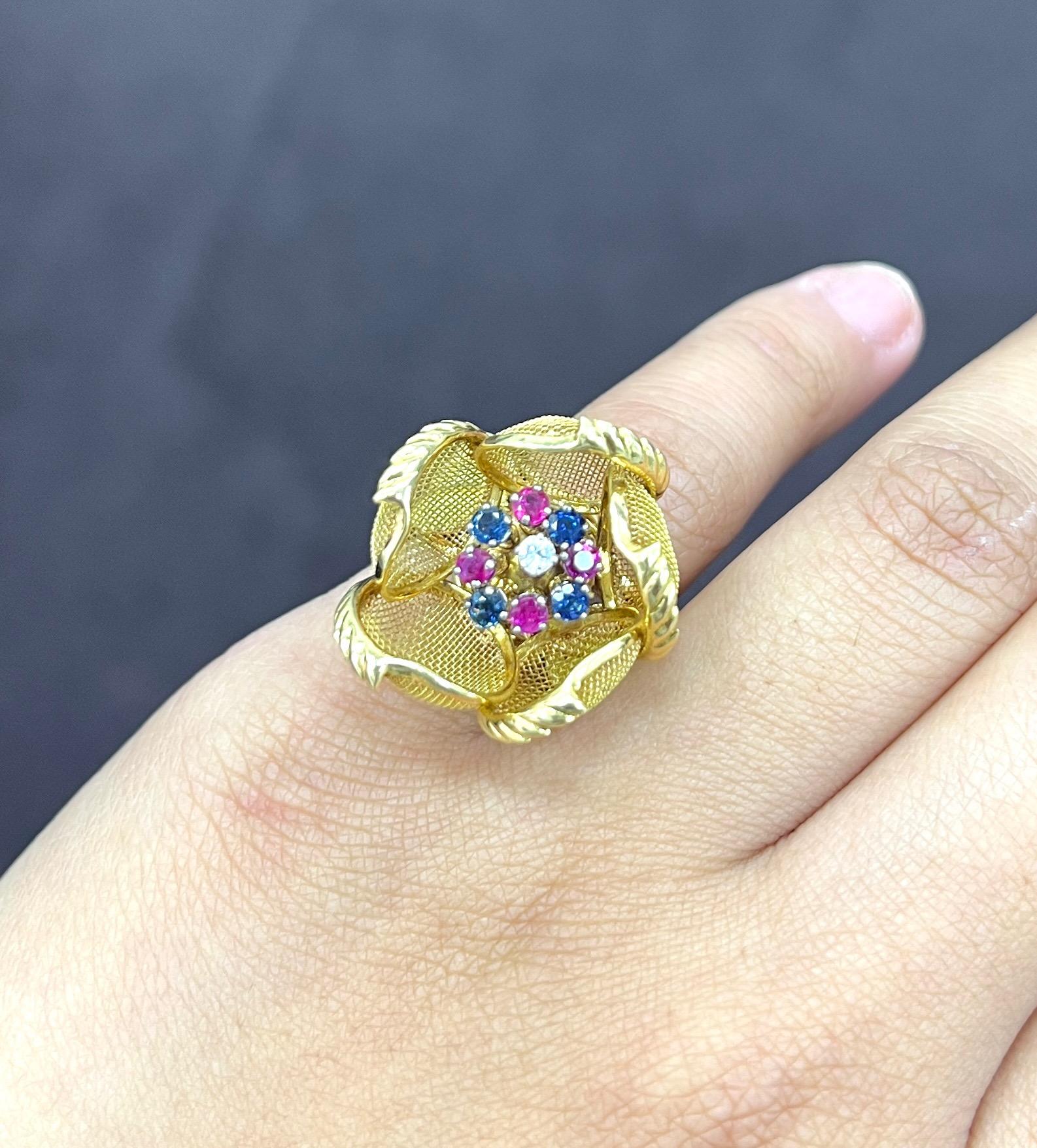 Continental Ruby Sapphire Diamond Gold Rose Flower Ring 1940s  For Sale 4