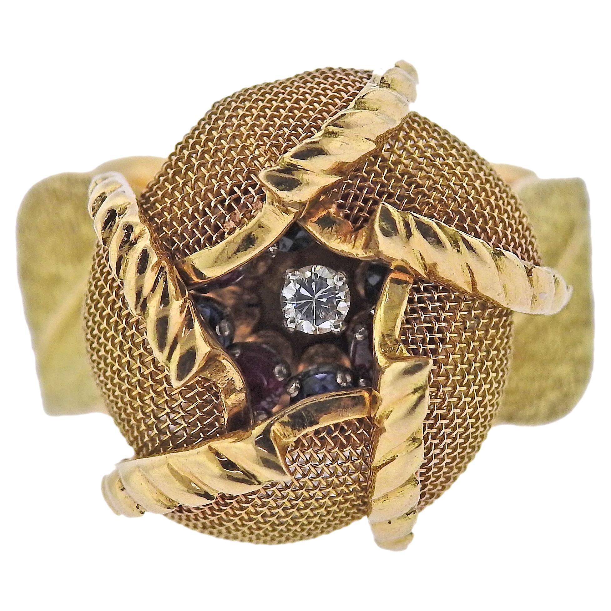 Kontinentaler Rubin-Saphir-Diamant-Gold-Blumenring 1940er  im Angebot