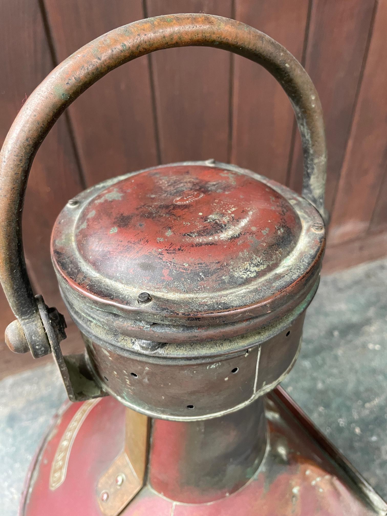 Hand-Crafted 1940s Copper+Brass Ships Starboard Lantern Wartime Merchant Vintage Cabin Light For Sale