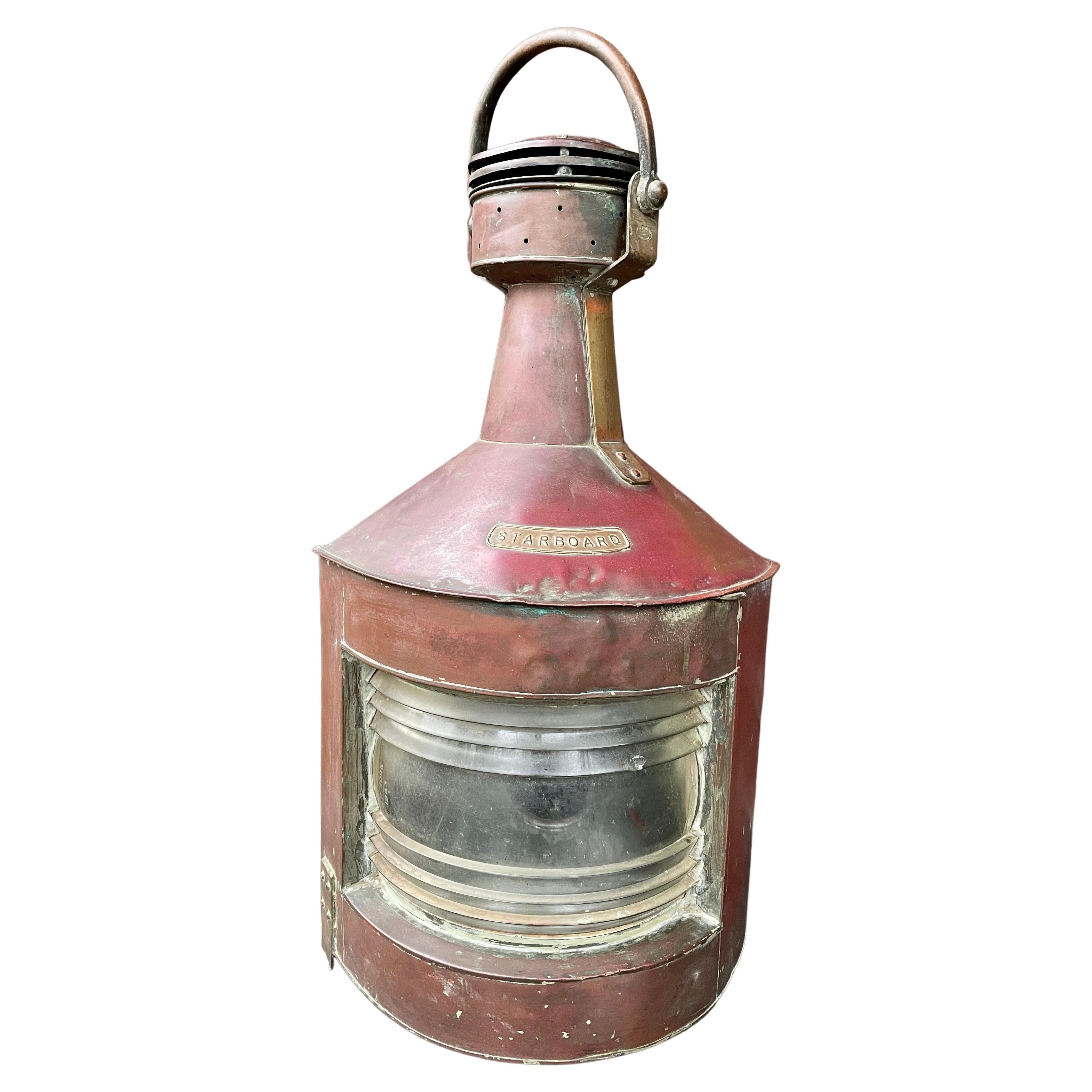 1940s Copper+Brass Ships Starboard Lantern Wartime Merchant Vintage Cabin Light For Sale