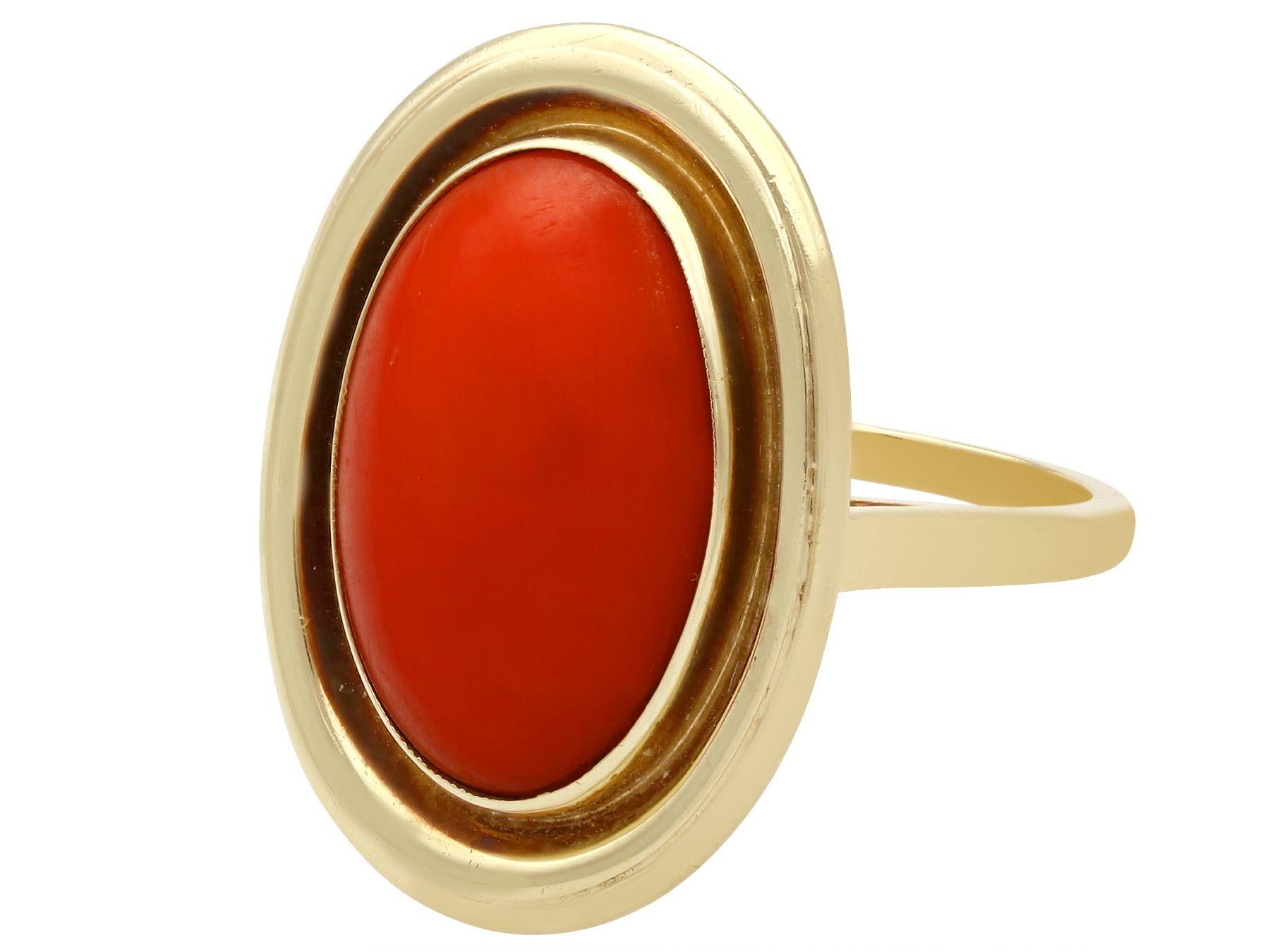 Women's 1940s Cabochon Cut Coral and 14K Yellow Gold Cocktail Ring For Sale