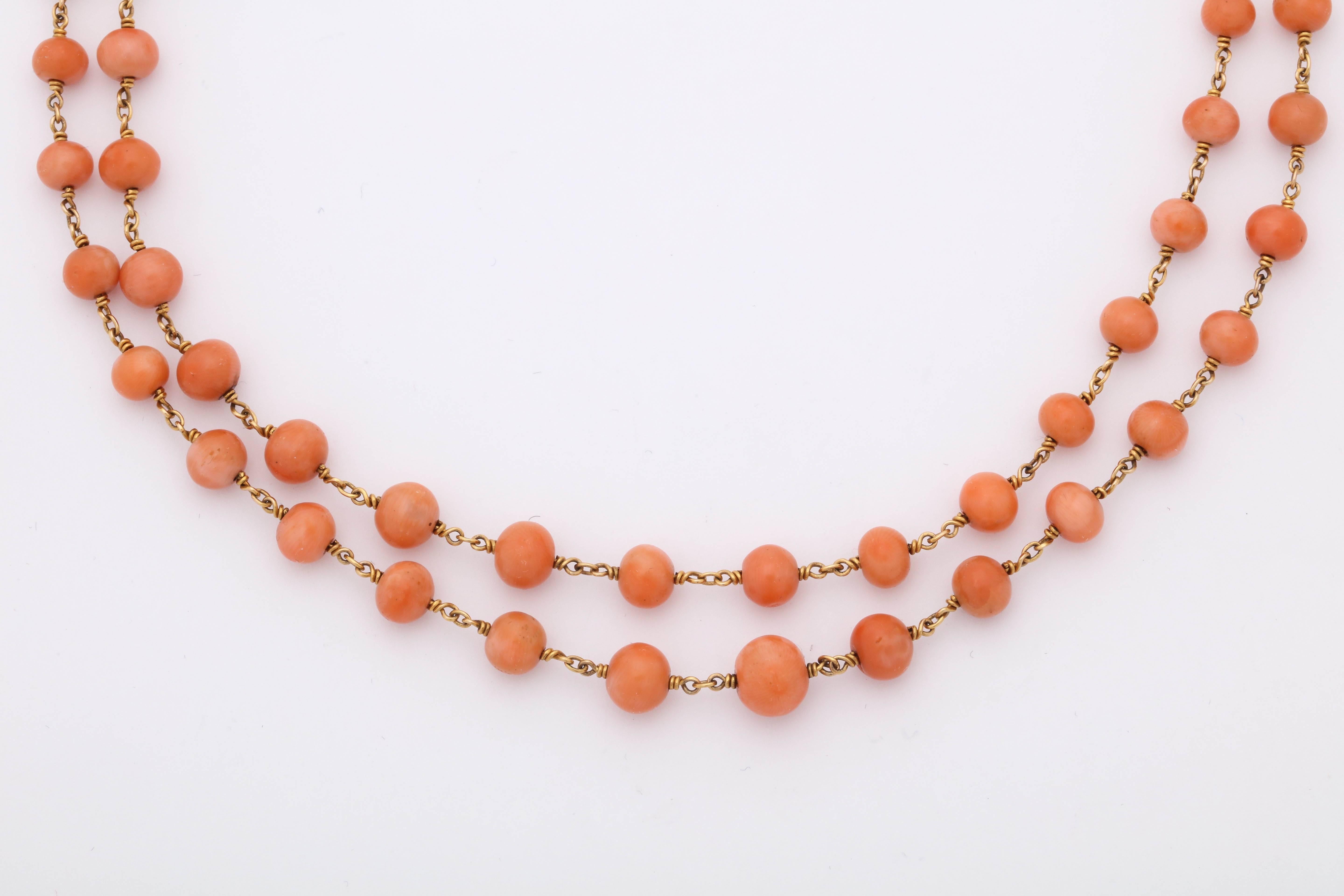 Women's 1940's Coral Bead Double Strand Gold Necklace With Clasp