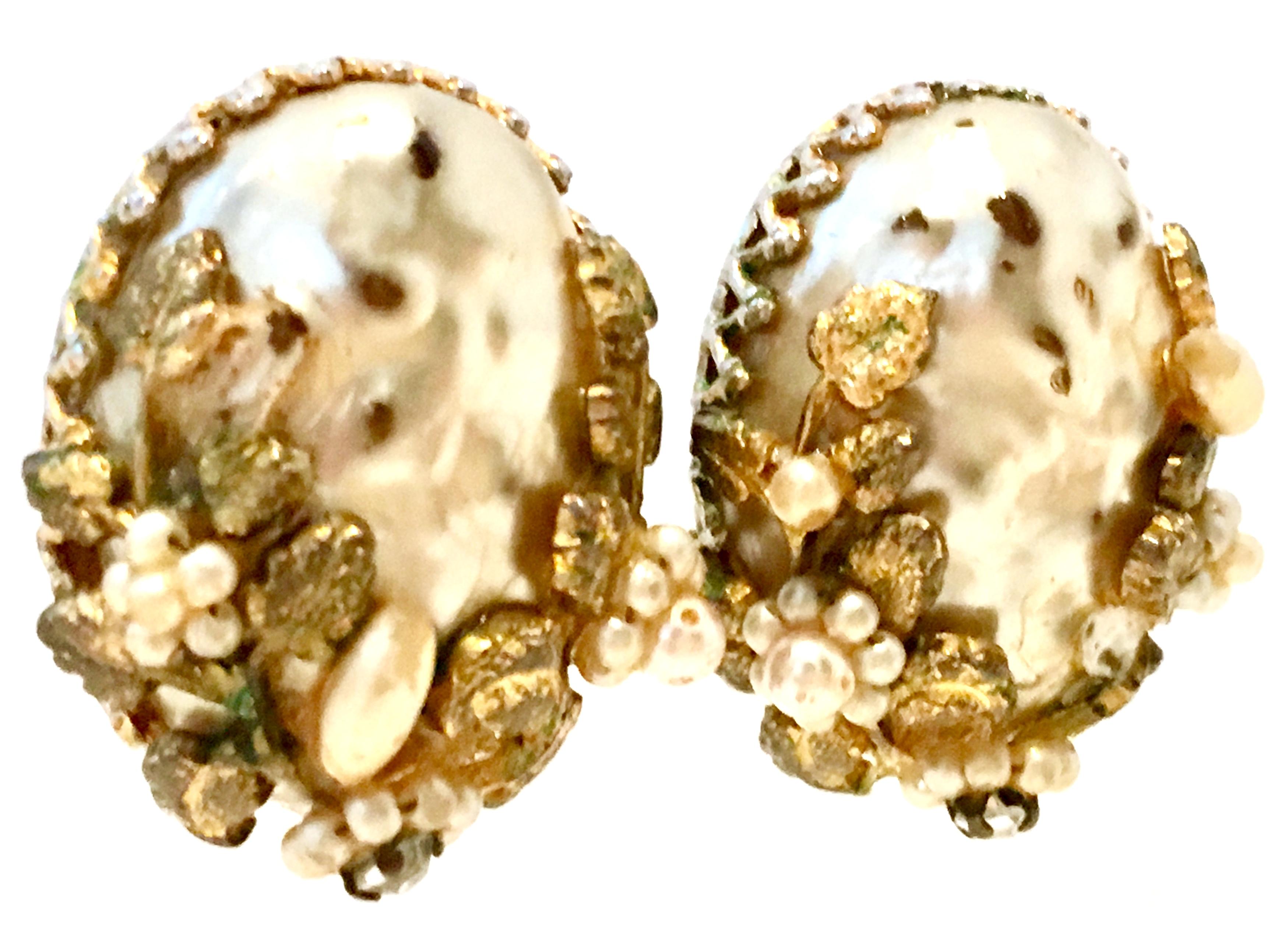 Women's or Men's 1940'S Gold Faux Baroque & Seed Pearl Organic Form Earrings By, Coro For Sale