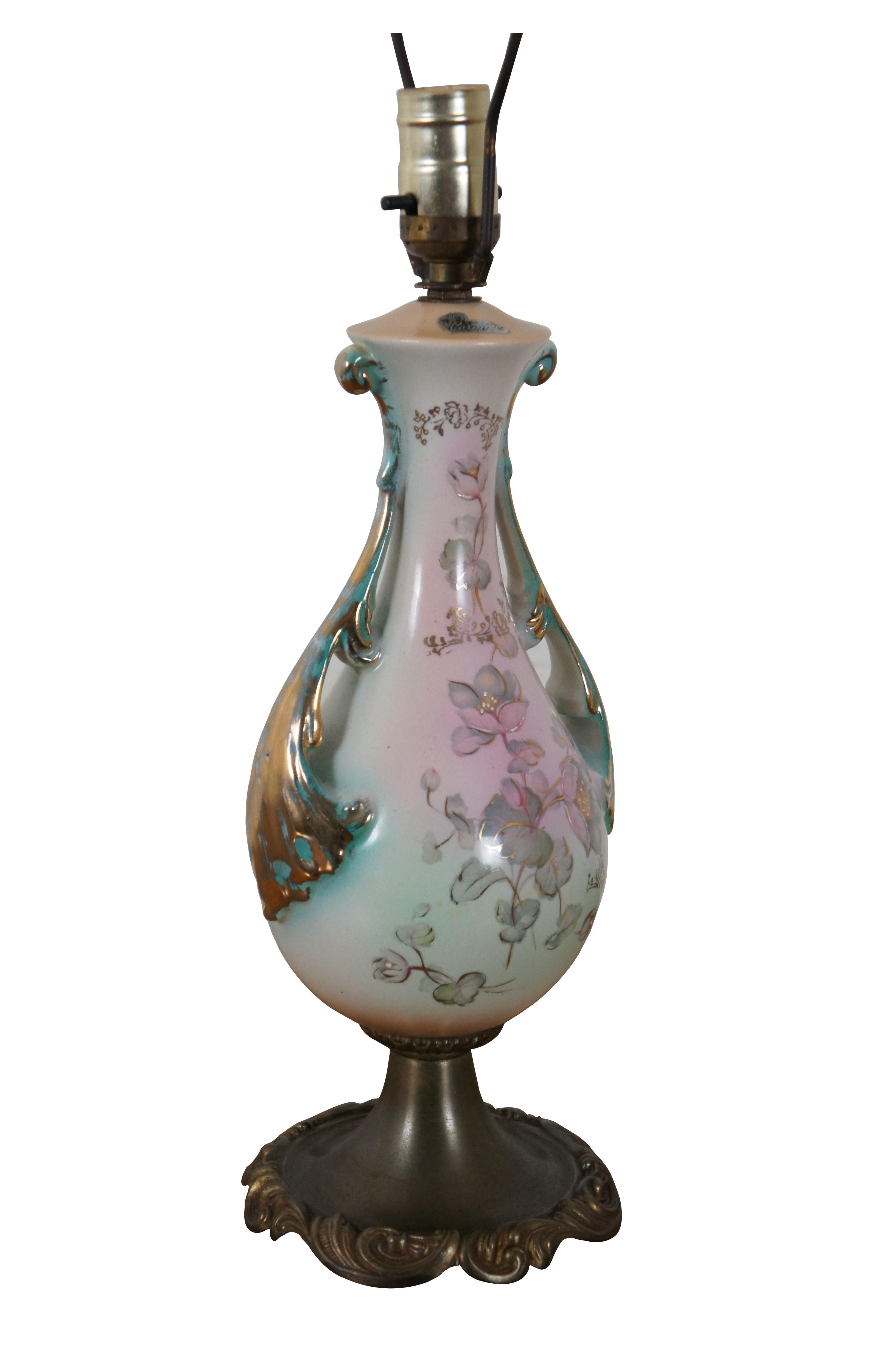 Art Nouveau 1940s Coronet Porcelain Hand Painted Floral Vanity Table Lamp 25