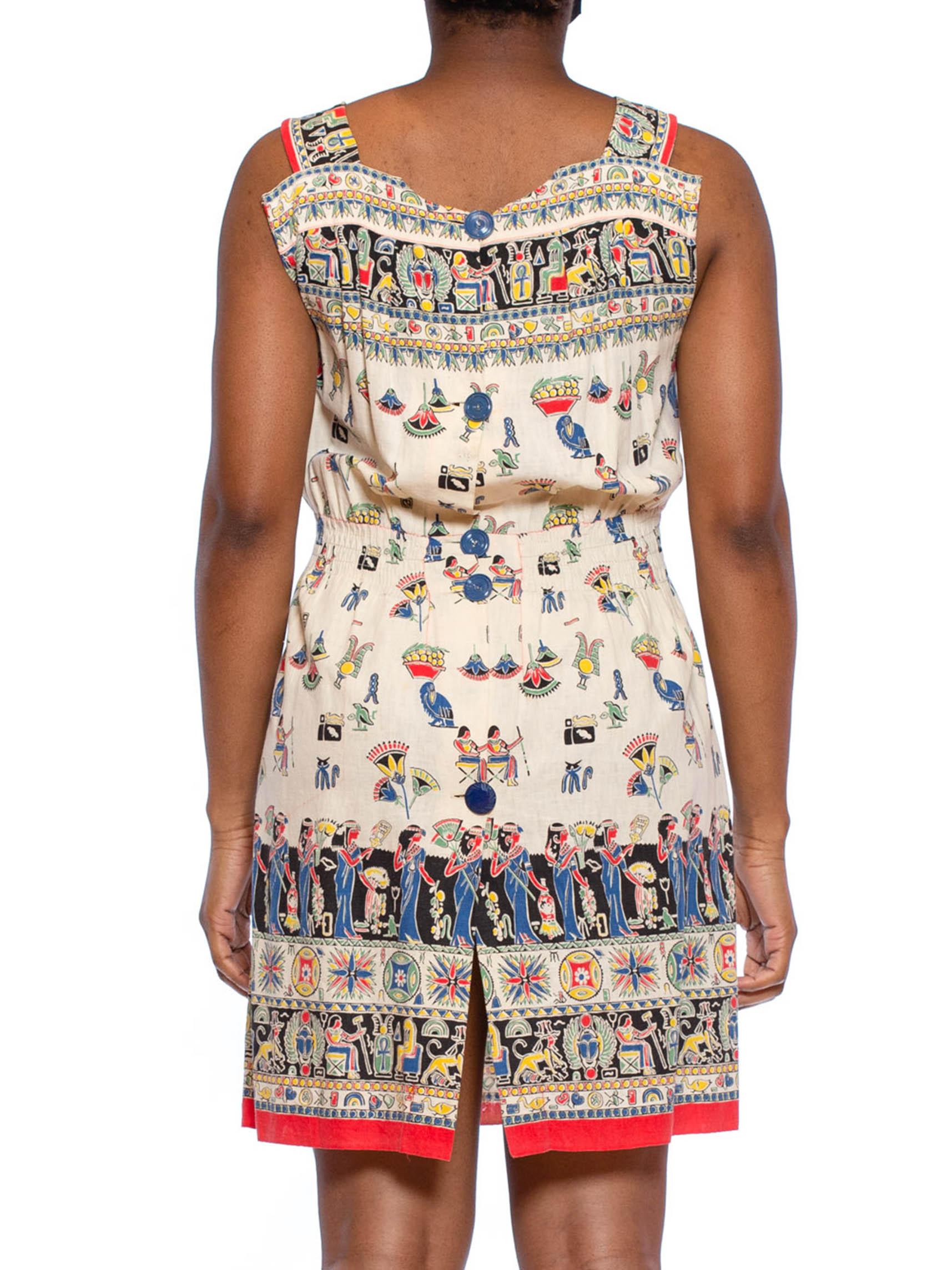 1940S Cotton Egyptian Novelty Printed Dress In Excellent Condition For Sale In New York, NY