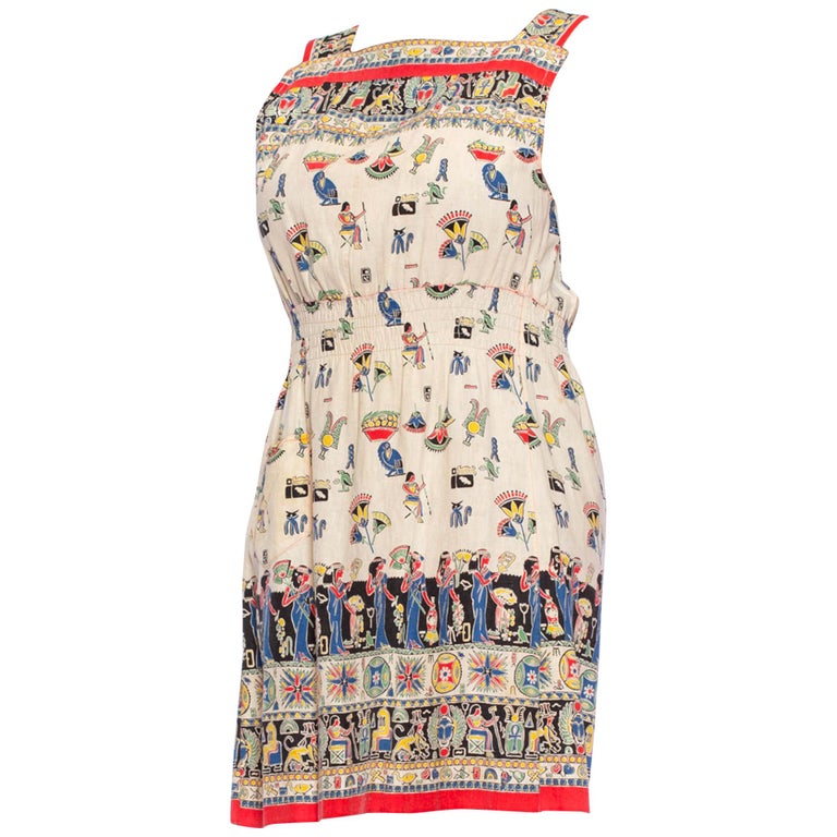 1940S Cotton Egyptian Novelty Printed Dress For Sale at 1stDibs