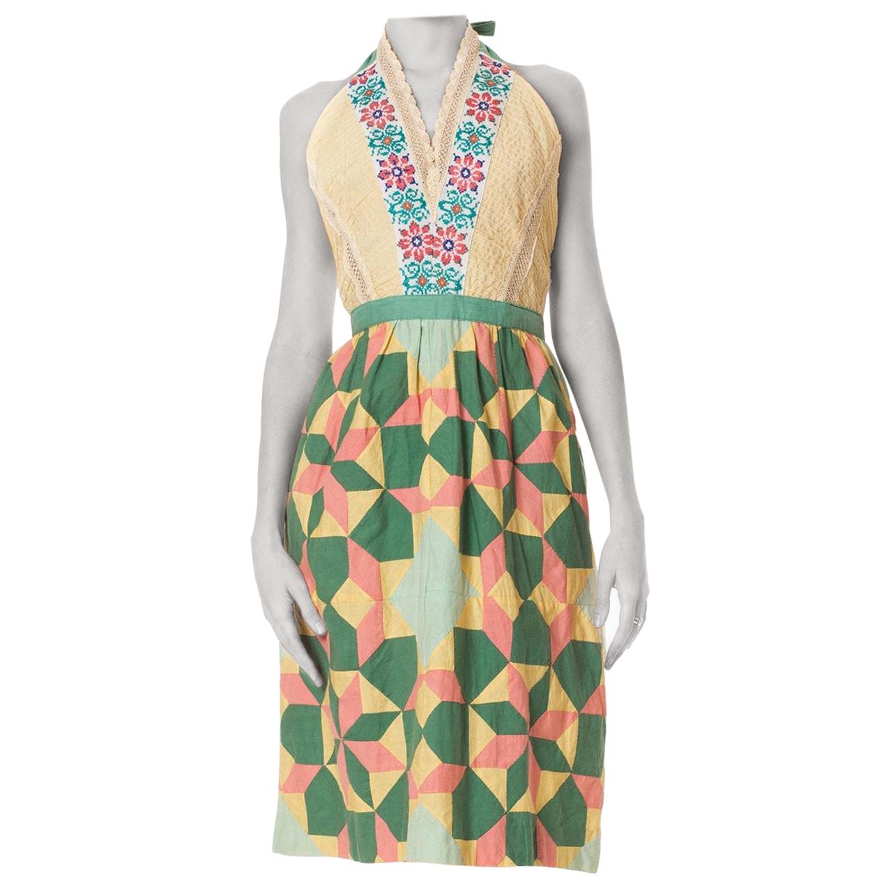MORPHEW COLLECTION Yellow & Green Cotton 1940S Embroidered Patchwork Dress For Sale