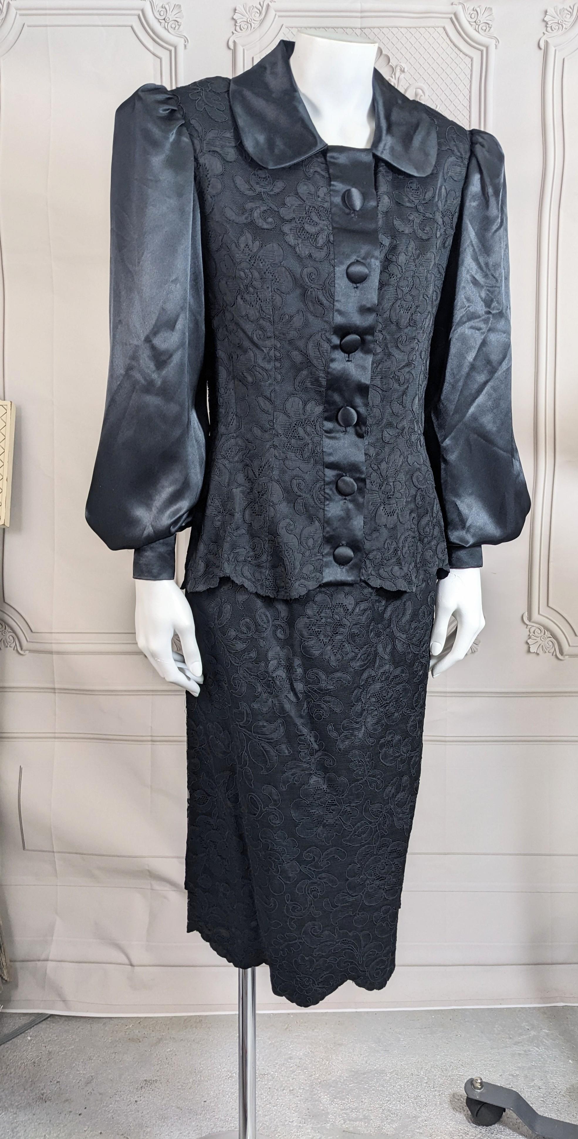 Black 1940's Cotton Lace and Satin Cocktail Suit For Sale