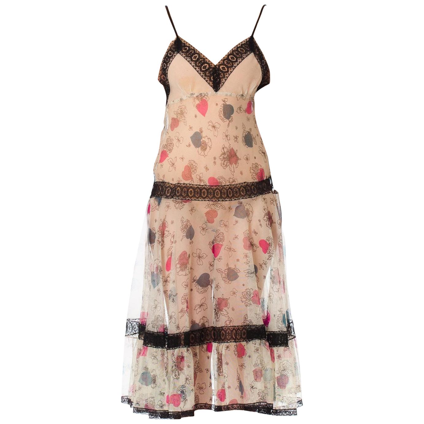 1940S Cotton & Lace Floral Print Slip Dress With Swing Skirt