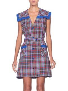 1940'S Blue, Red & Green Plaid Cotton Sailor Collar Shirt Dress