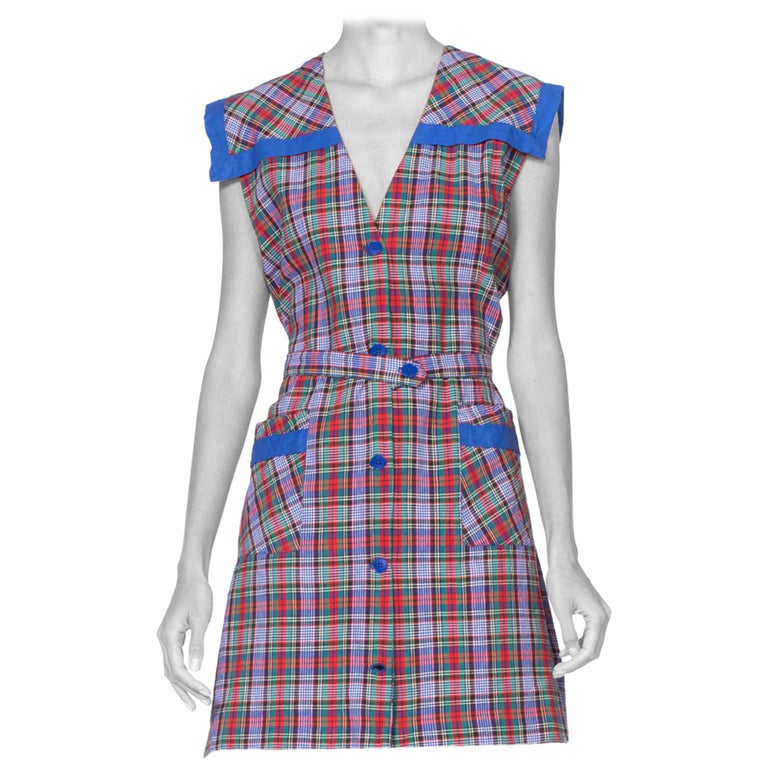 1940'S Blue, Red and Green Plaid Cotton Sailor Collar Shirt Dress For