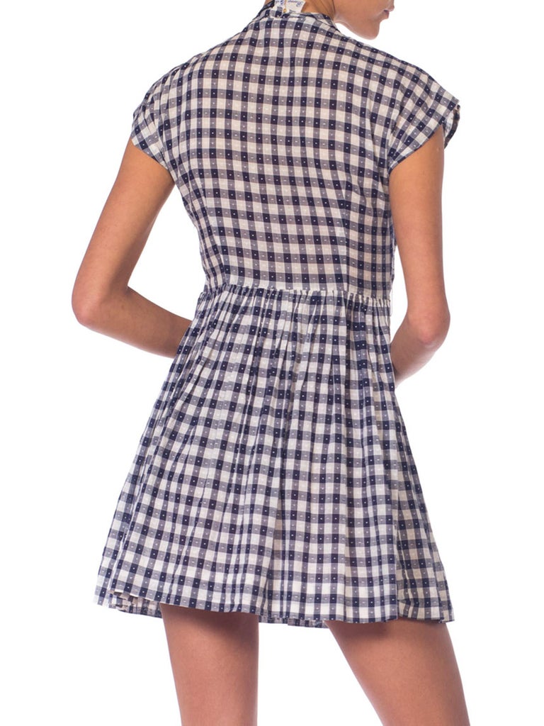 1950S Blue and White Cotton Voile Gingham Baby Doll Dress For Sale at