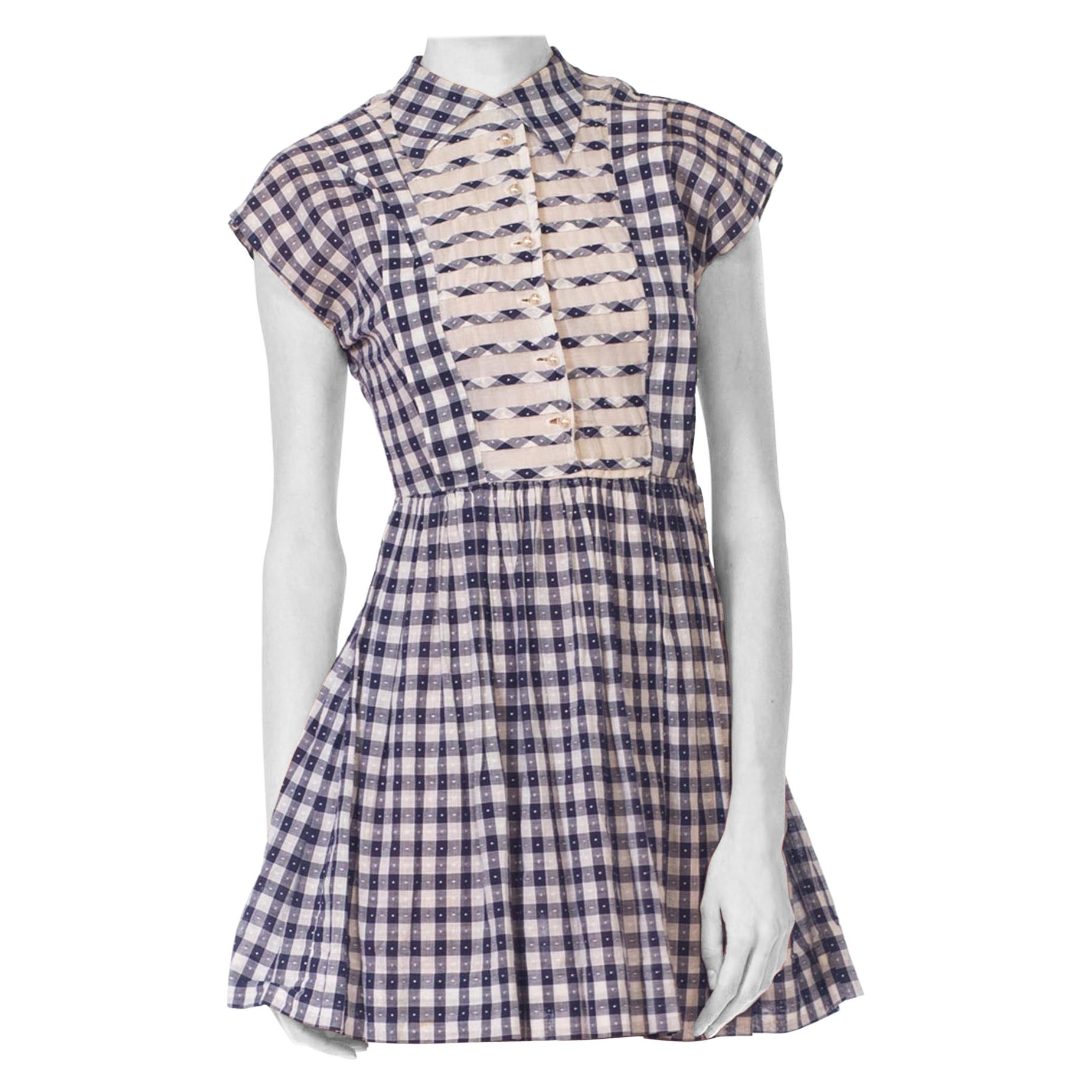 1950S Blue & White Cotton Voile Gingham Baby Doll  Dress